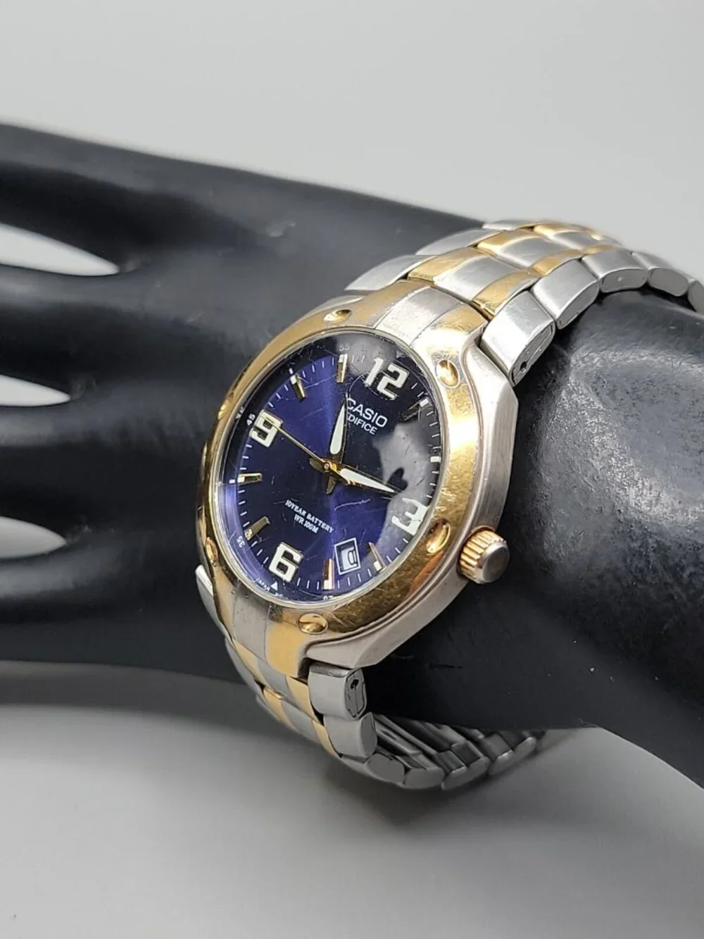 Casio Edifice Watch Men Gold Silver Tone Date Round 37mm Blue Dial 7.5